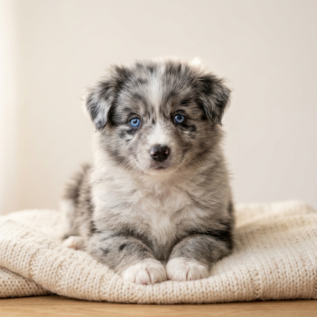 An adorable blue merle Australian Shepherd puppy with blue eyes.