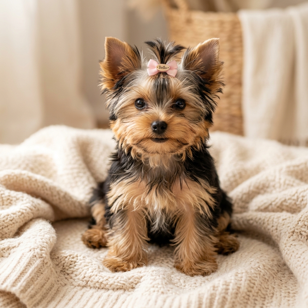 Tiny Yorkshire Terrier puppy sitting on a fluffy rug in front of a blue couch.