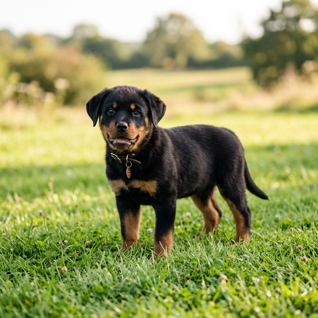 A young Rottweiler puppy standing on a blanket outdoors with a ball in the background.