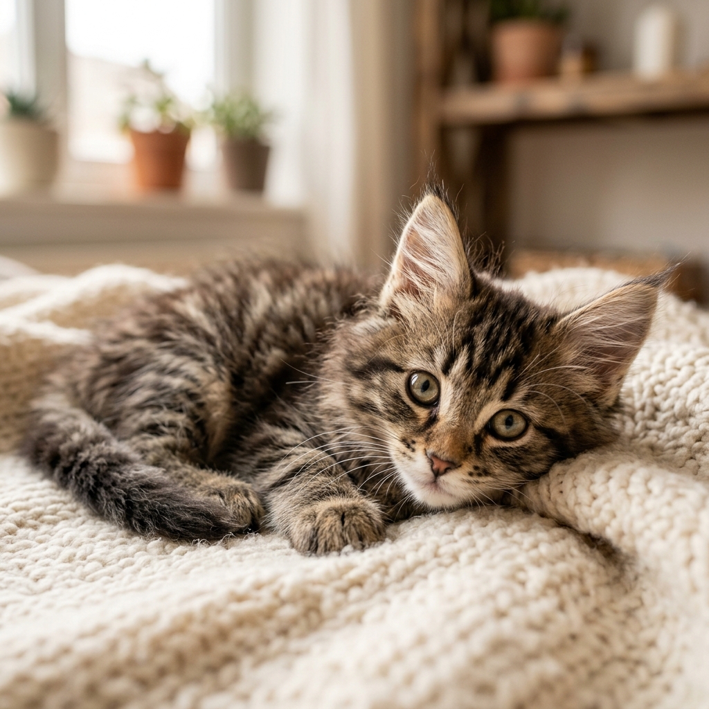 A large, fluffy brown tabby Maine Coon kitten lying on a wooden deck.