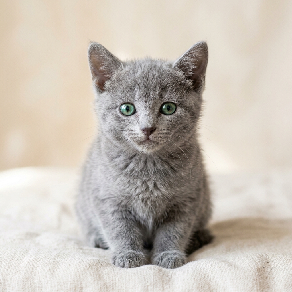 Adorable Russian Blue kitten with green eyes
