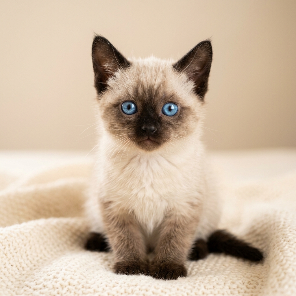 Adorable Siamese kitten sitting on a soft blanket