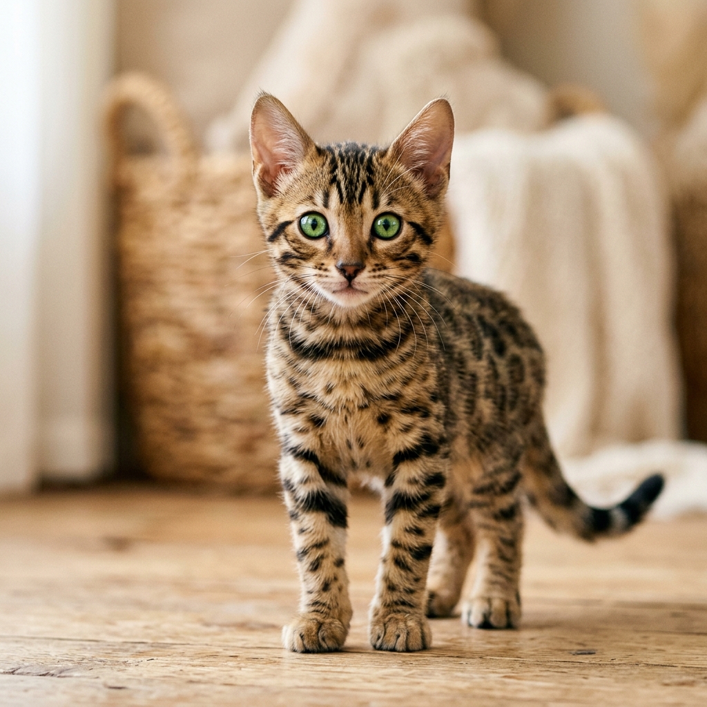 A gorgeous spotted Bengal kitten looking forward with green eyes.
