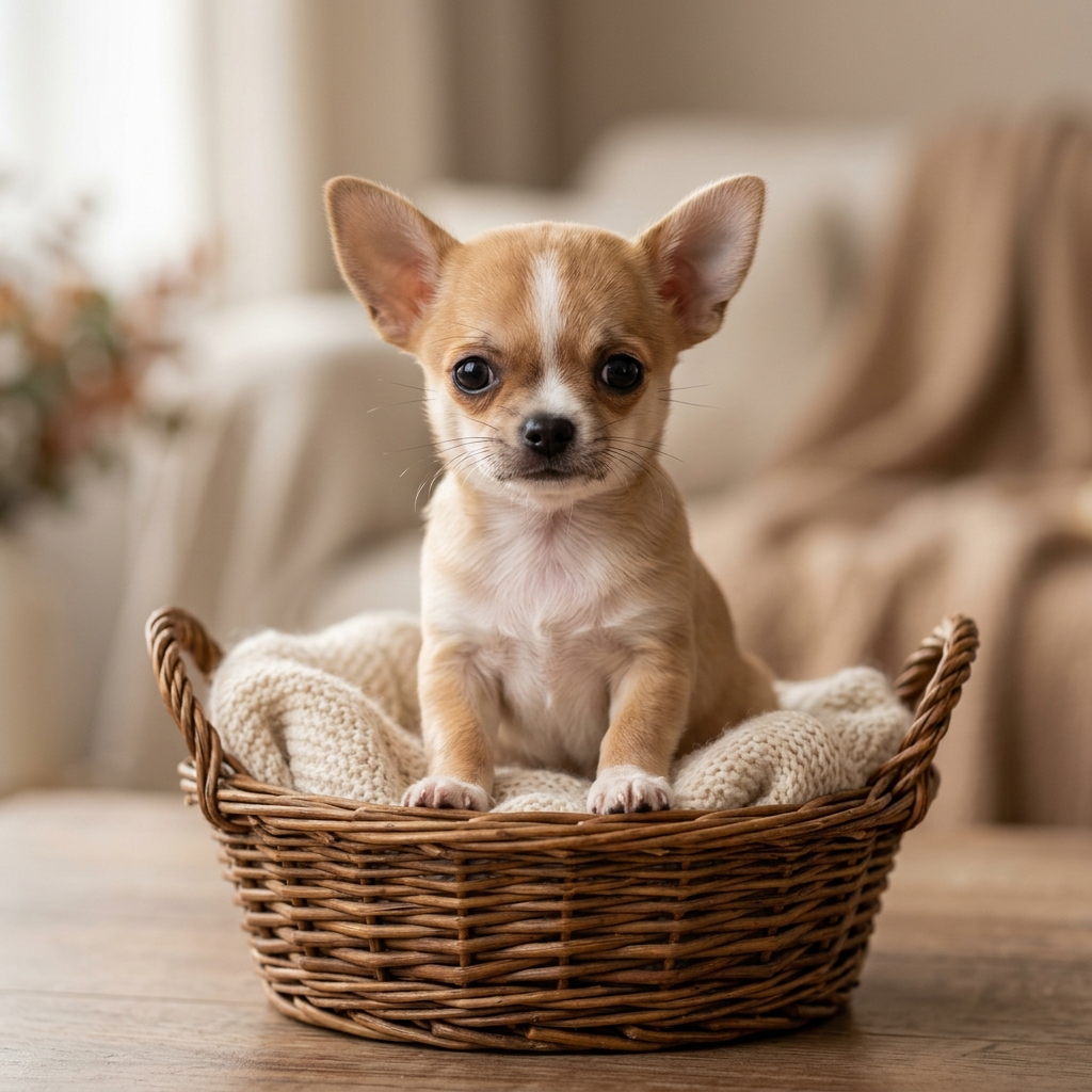 A cute Chihuahua puppy sitting inside a small woven basket.